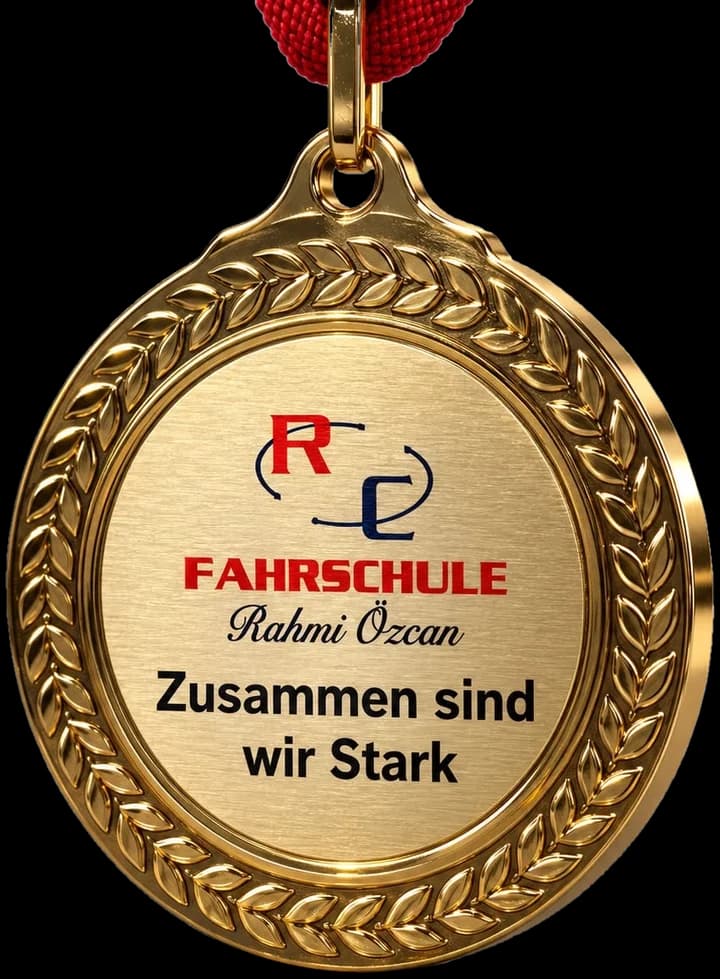 Goldmedaille der Fahrschule RC mit der Aufschrift „Zusammen sind wir stark“